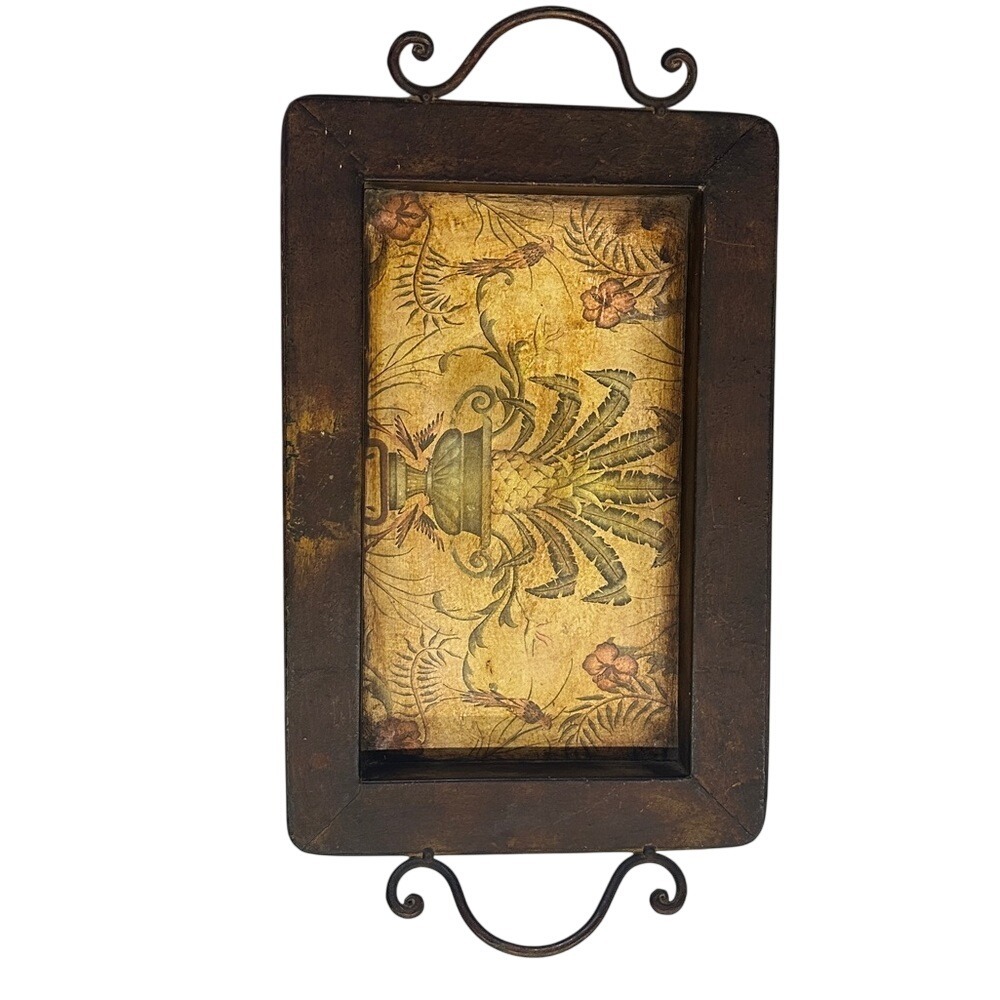 Decorative Serving Tray Rustic Farmhouse Floral Urn Design Scroll‎ Handles